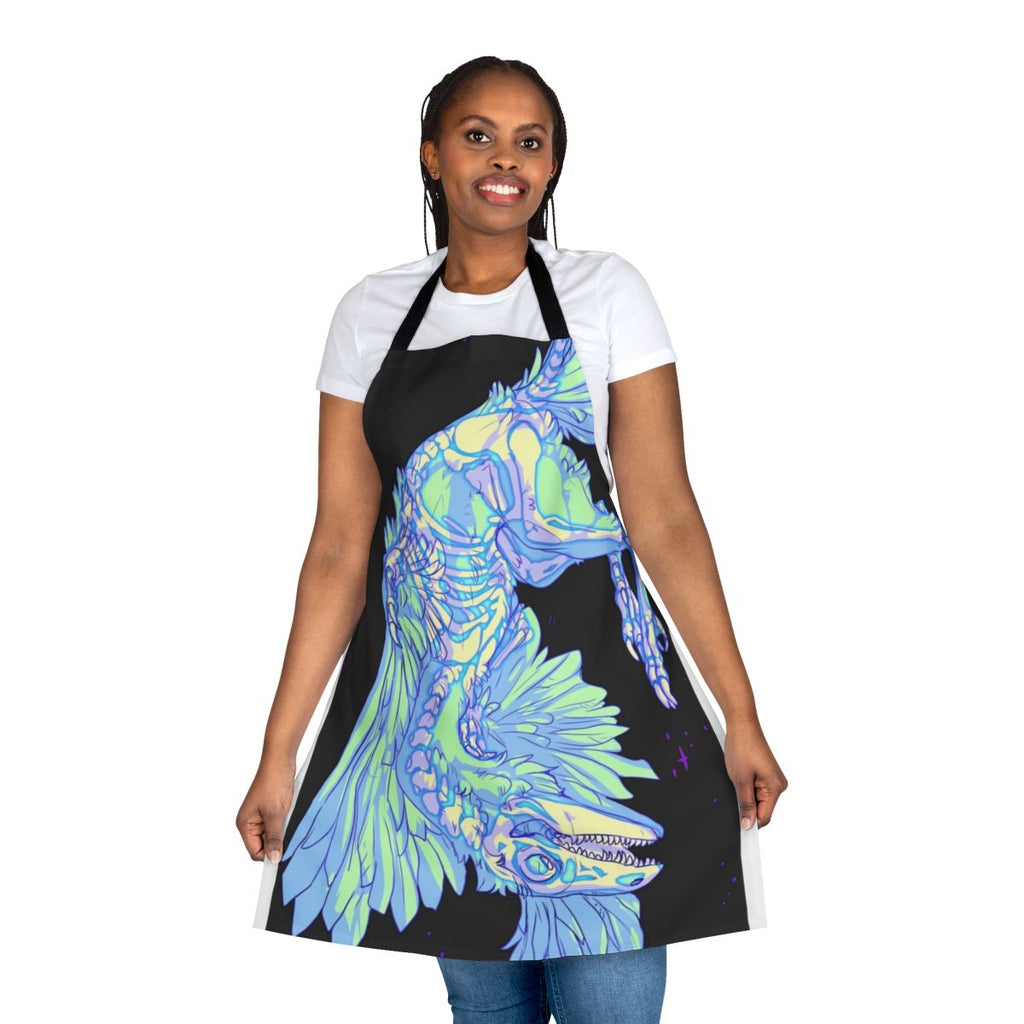 Glowing archaeopteryx dinosaur design on a kitchen apron