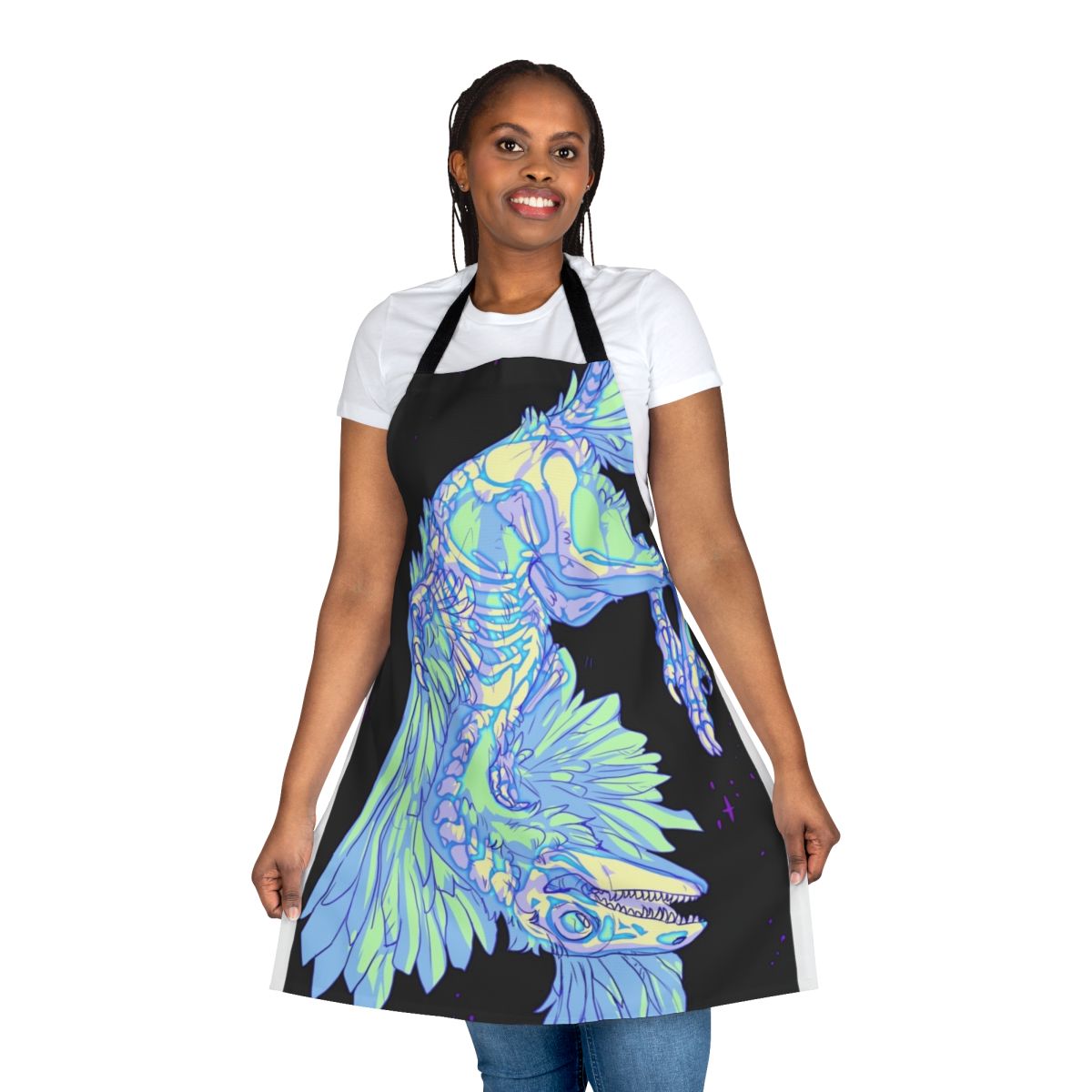Glowing archaeopteryx dinosaur design on a kitchen apron