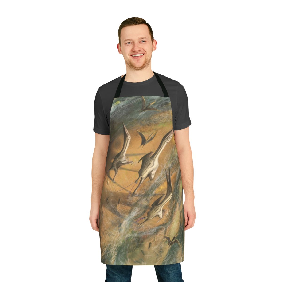 Artistic depiction of a wandering azhdarchid pterosaur on an apron