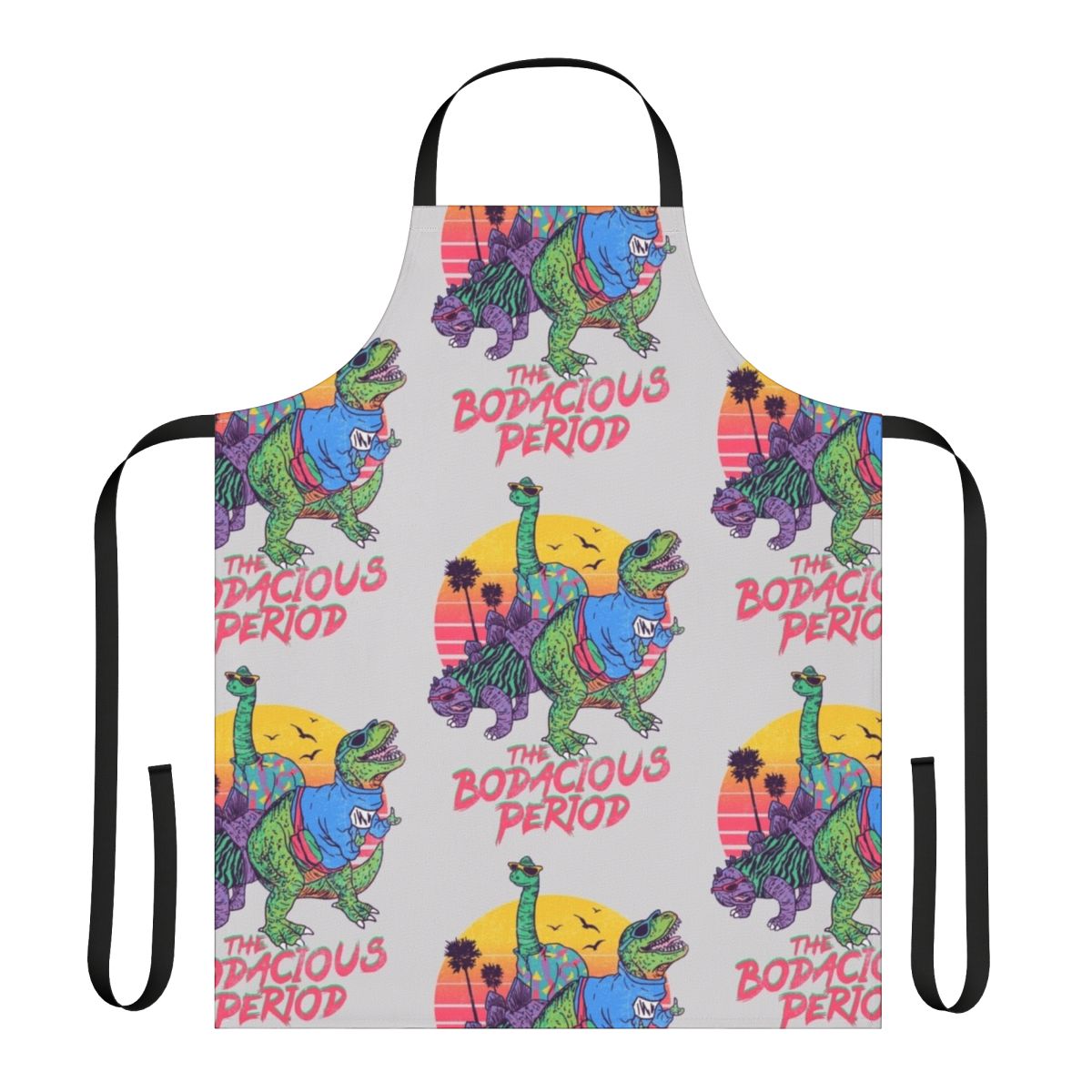 Vintage-inspired period apron featuring a whimsical dinosaur print - perfect for the modern, fashion-forward woman.