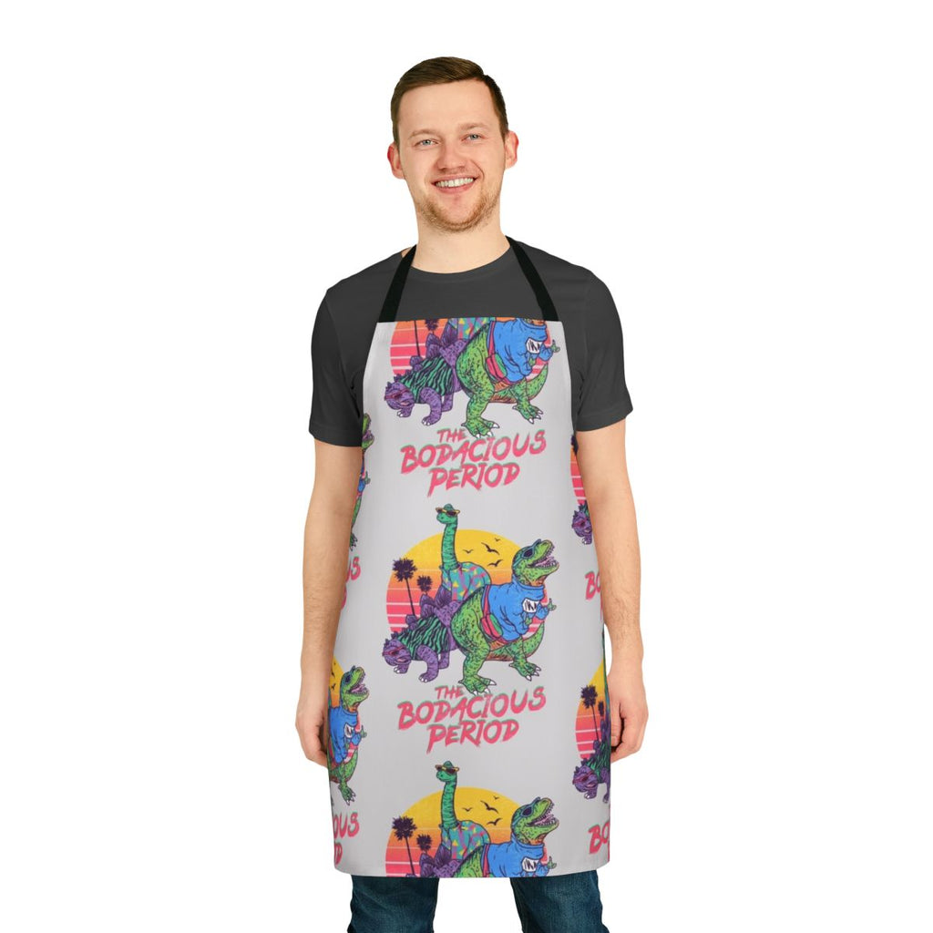 Vintage-inspired period apron featuring a whimsical dinosaur print - perfect for the modern, fashion-forward woman.