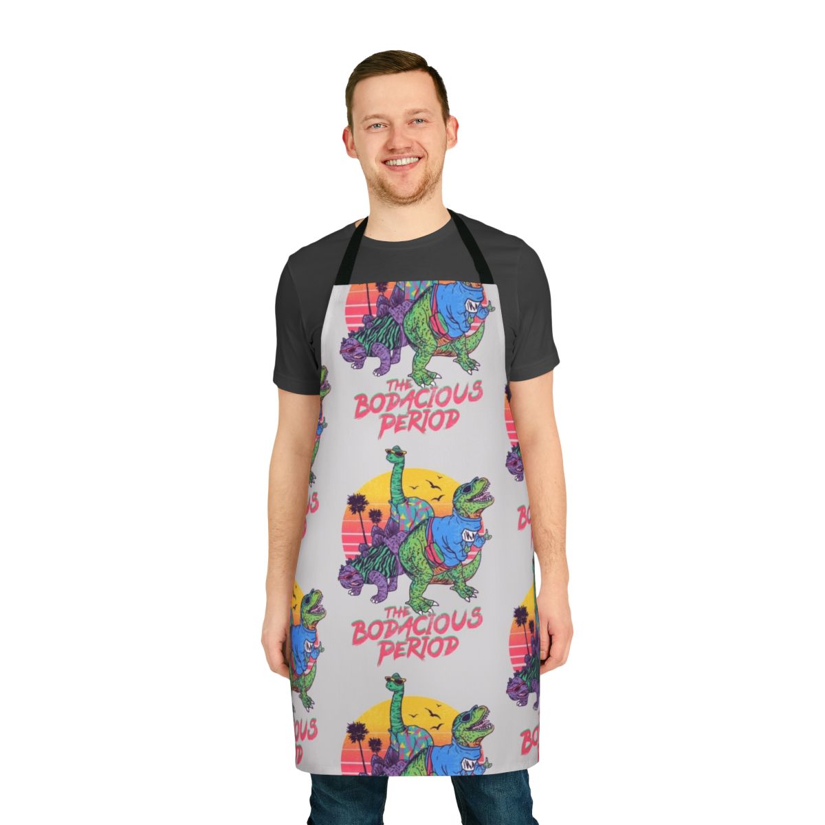 Vintage-inspired period apron featuring a whimsical dinosaur print - perfect for the modern, fashion-forward woman.