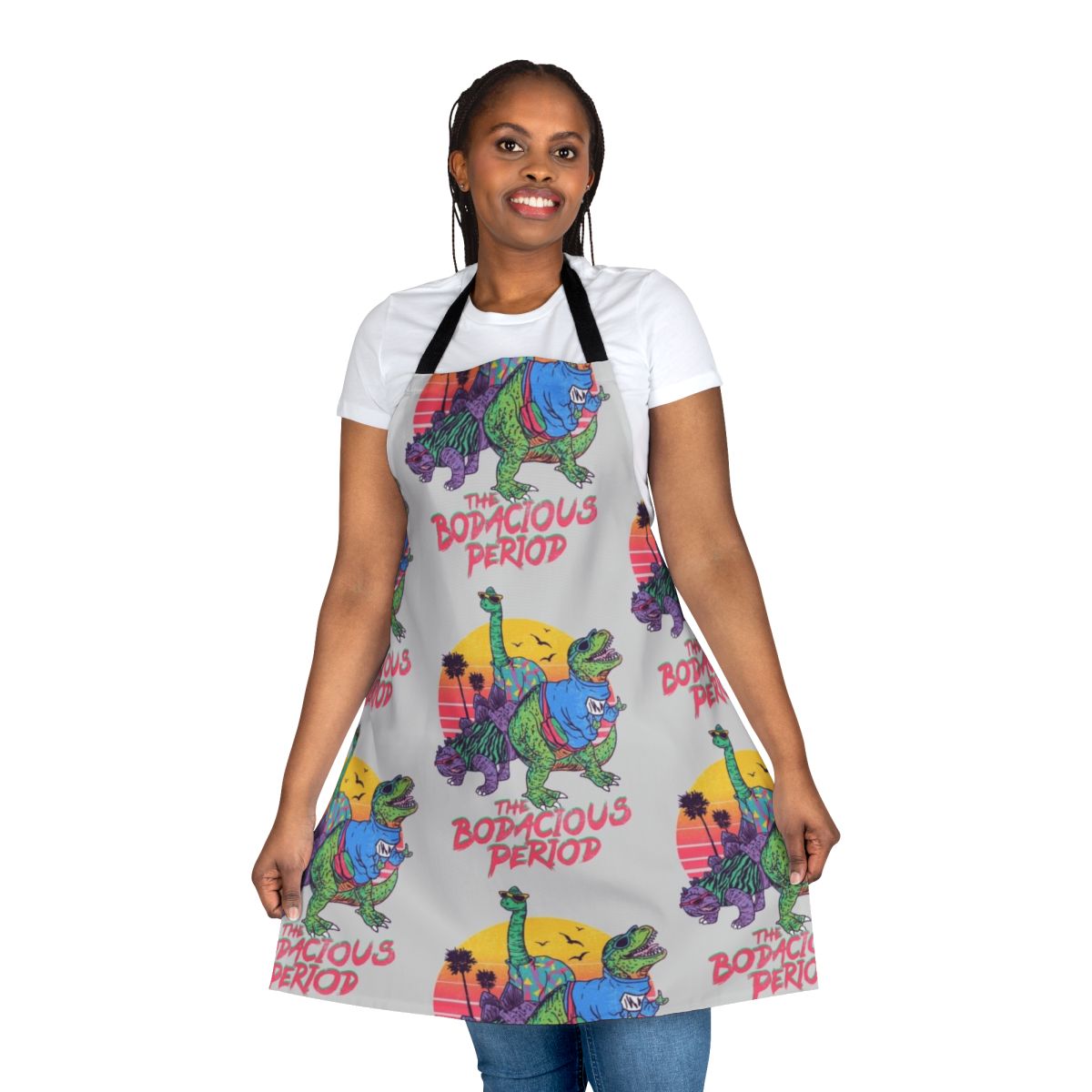 Vintage-inspired period apron featuring a whimsical dinosaur print - perfect for the modern, fashion-forward woman.