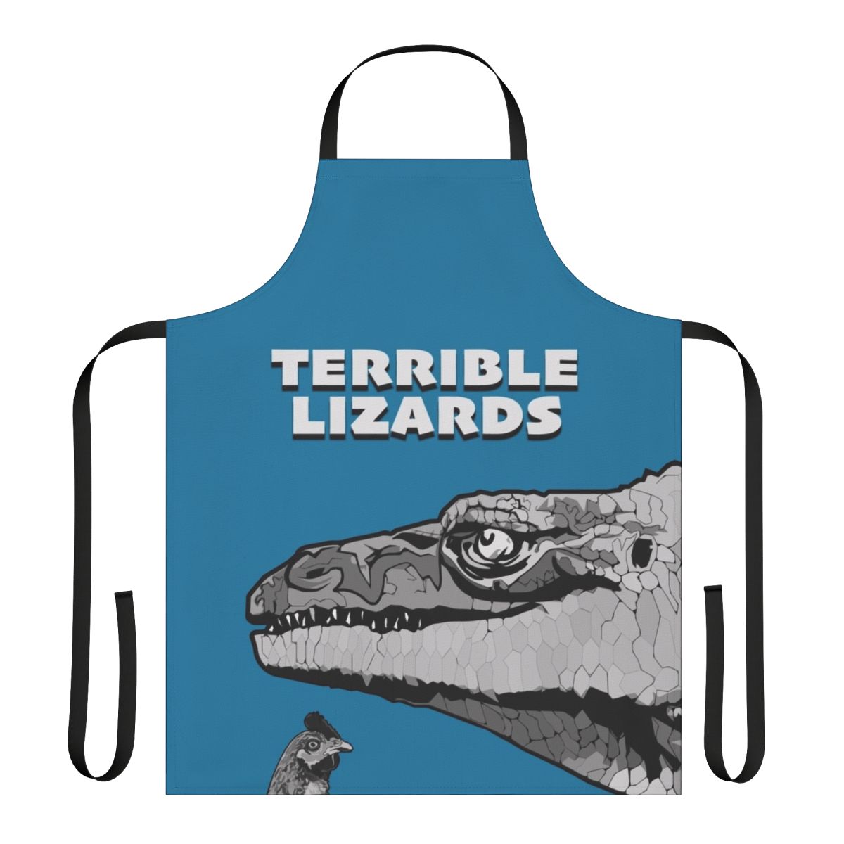 Dinosaur-themed apron featuring a Megalosaurus and other prehistoric lizards
