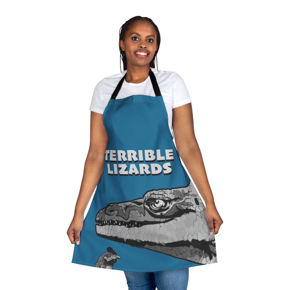 Dinosaur-themed apron featuring a Megalosaurus and other prehistoric lizards