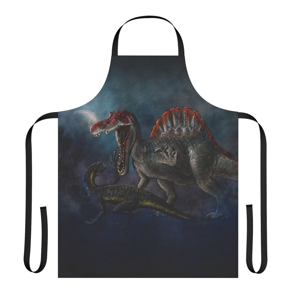 Apron featuring a dramatic dinosaur battle scene between Spinosaurus and Indominus Rex from the Jurassic world.