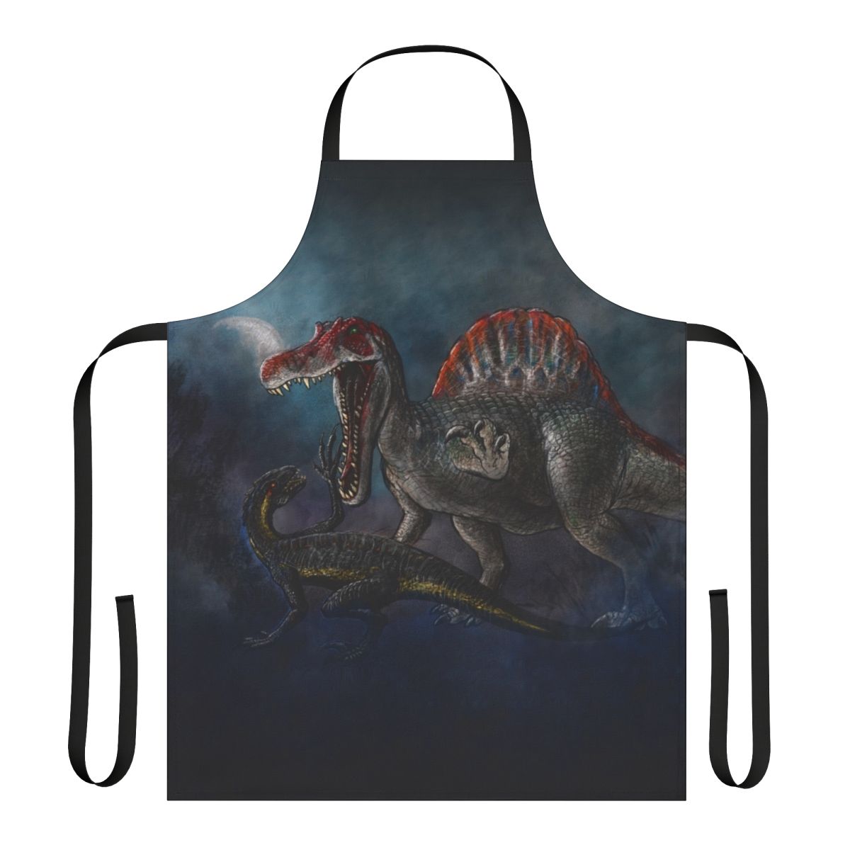 Apron featuring a dramatic dinosaur battle scene between Spinosaurus and Indominus Rex from the Jurassic world.