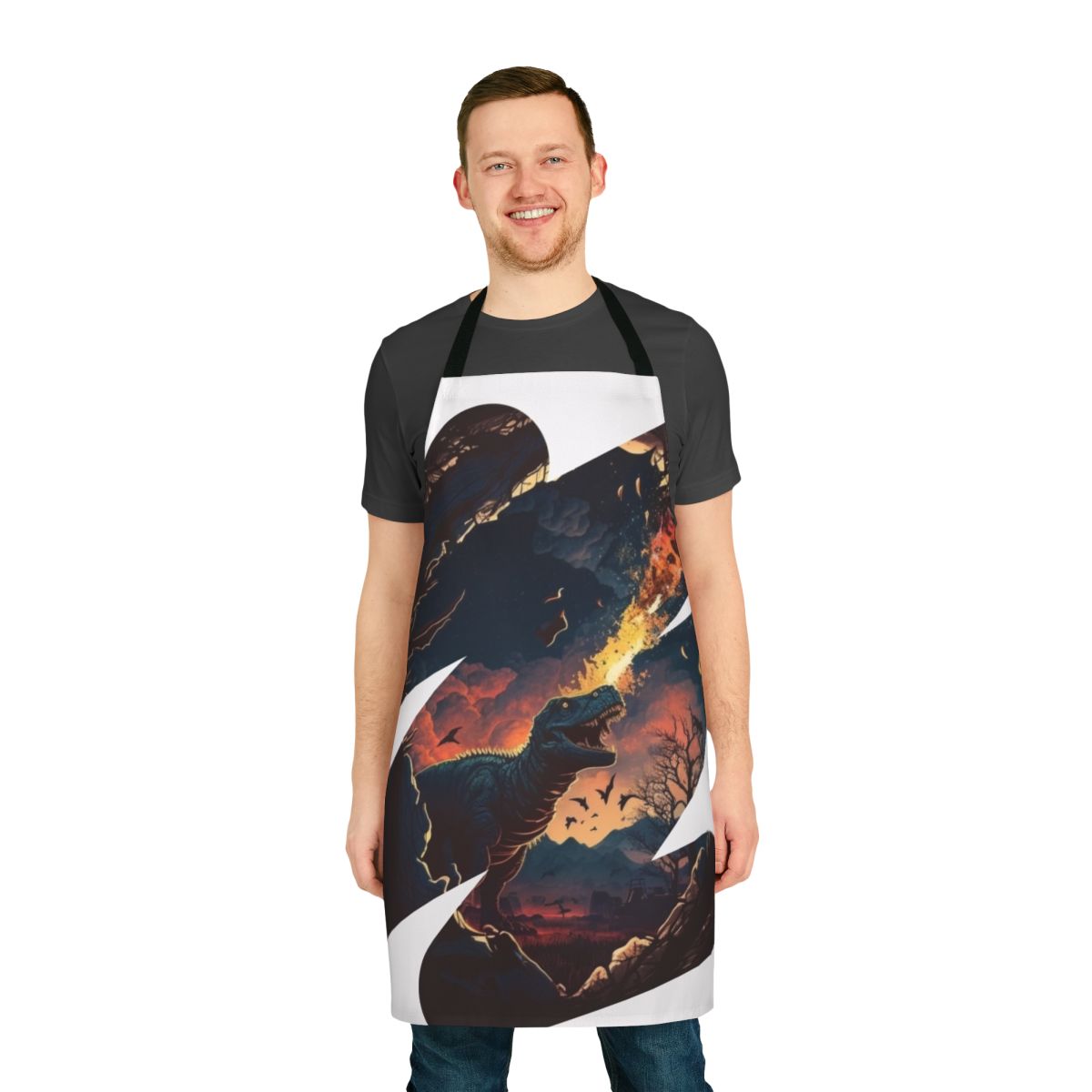 Prehistoric dinosaur cooking apron with T-Rex and dark fantasy design