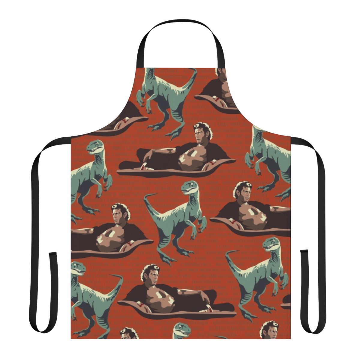 Jurassic-themed apron with DNA sequence pattern and velociraptor silhouette