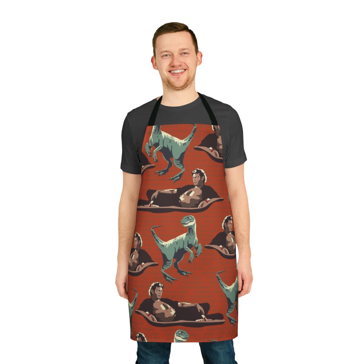 Jurassic-themed apron with DNA sequence pattern and velociraptor silhouette