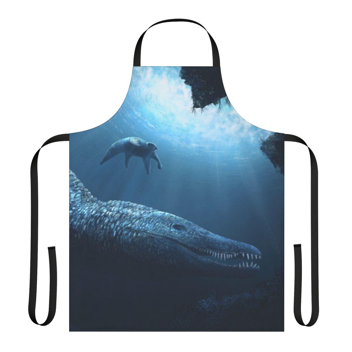 Illustration of a pliosaur, an extinct marine reptile, on a high-quality kitchen apron
