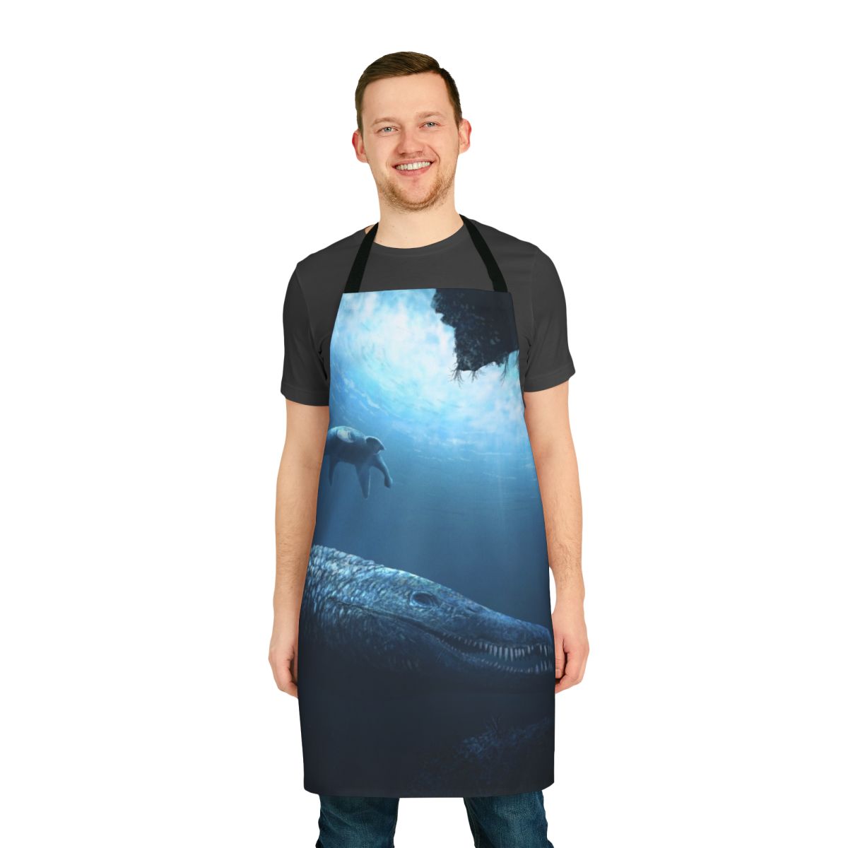 Illustration of a pliosaur, an extinct marine reptile, on a high-quality kitchen apron