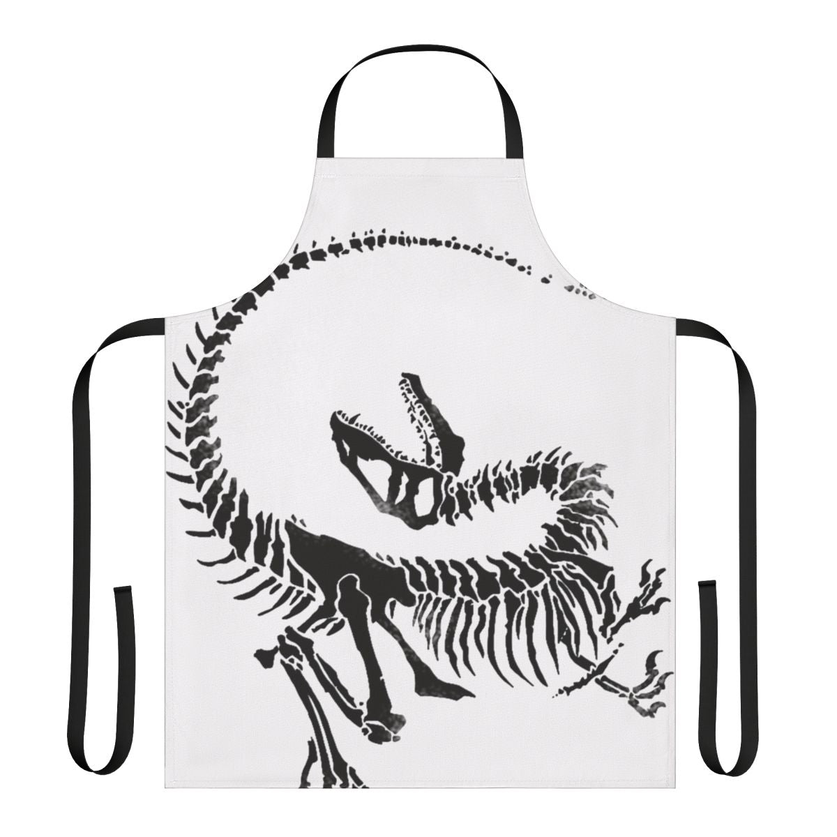 Apron featuring a detailed velociraptor skeleton print, perfect for dinosaur enthusiasts.