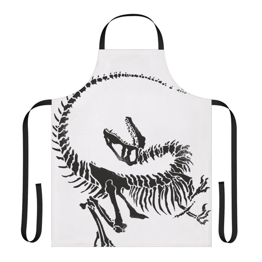Apron featuring a detailed velociraptor skeleton print, perfect for dinosaur enthusiasts.