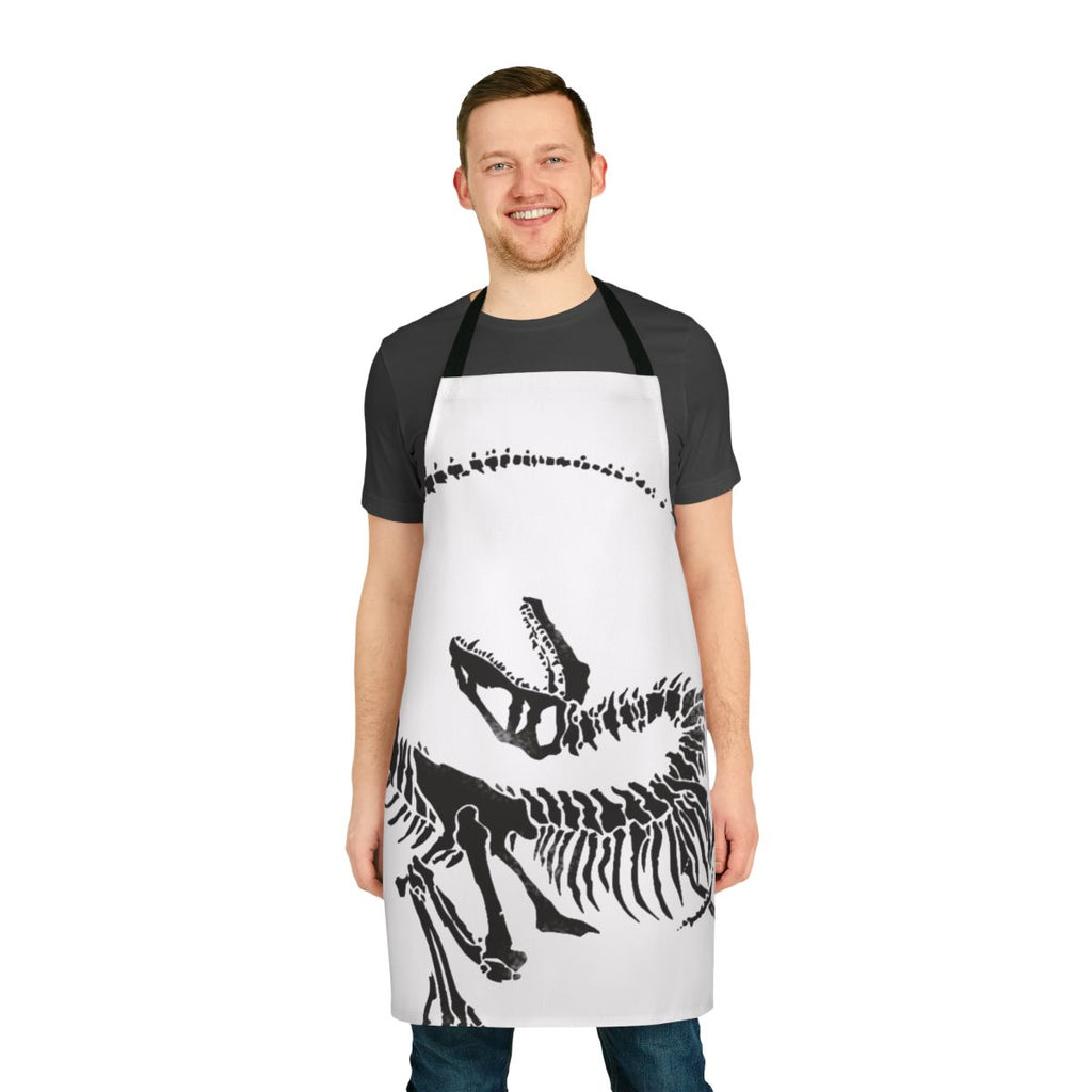 Apron featuring a detailed velociraptor skeleton print, perfect for dinosaur enthusiasts.