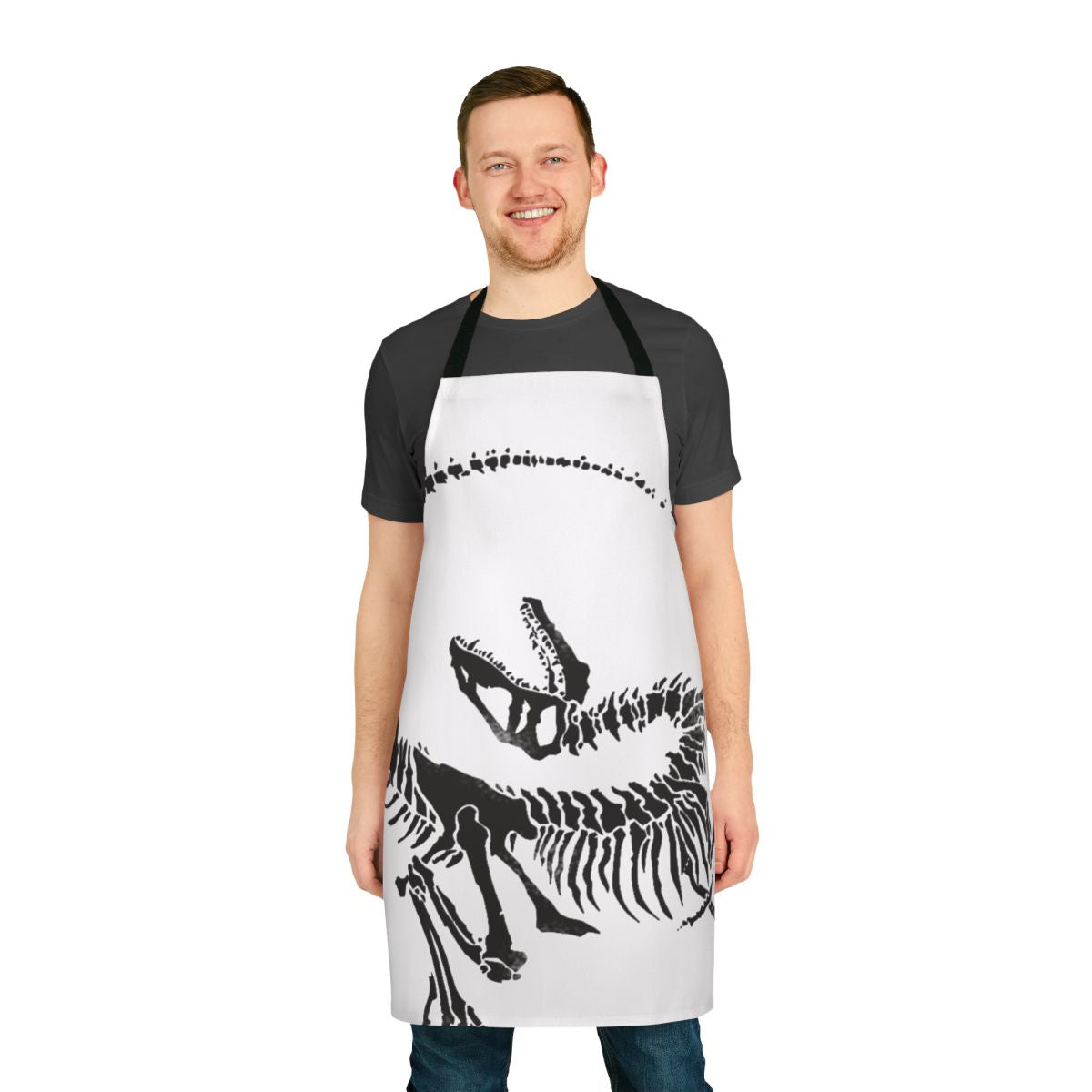 Apron featuring a detailed velociraptor skeleton print, perfect for dinosaur enthusiasts.