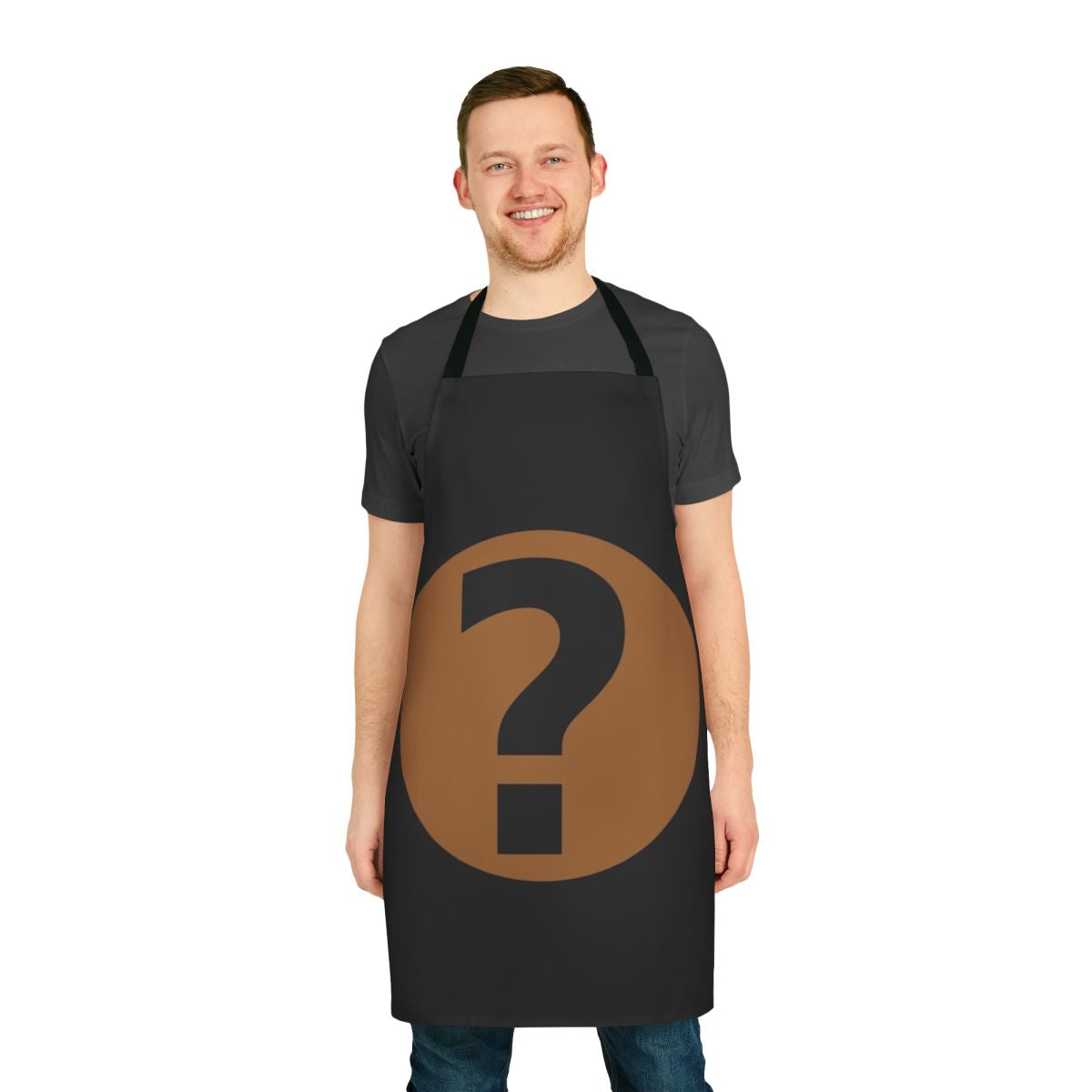 A high-quality black apron with the Podquiz logo, perfect for quiz show enthusiasts and home cooking.