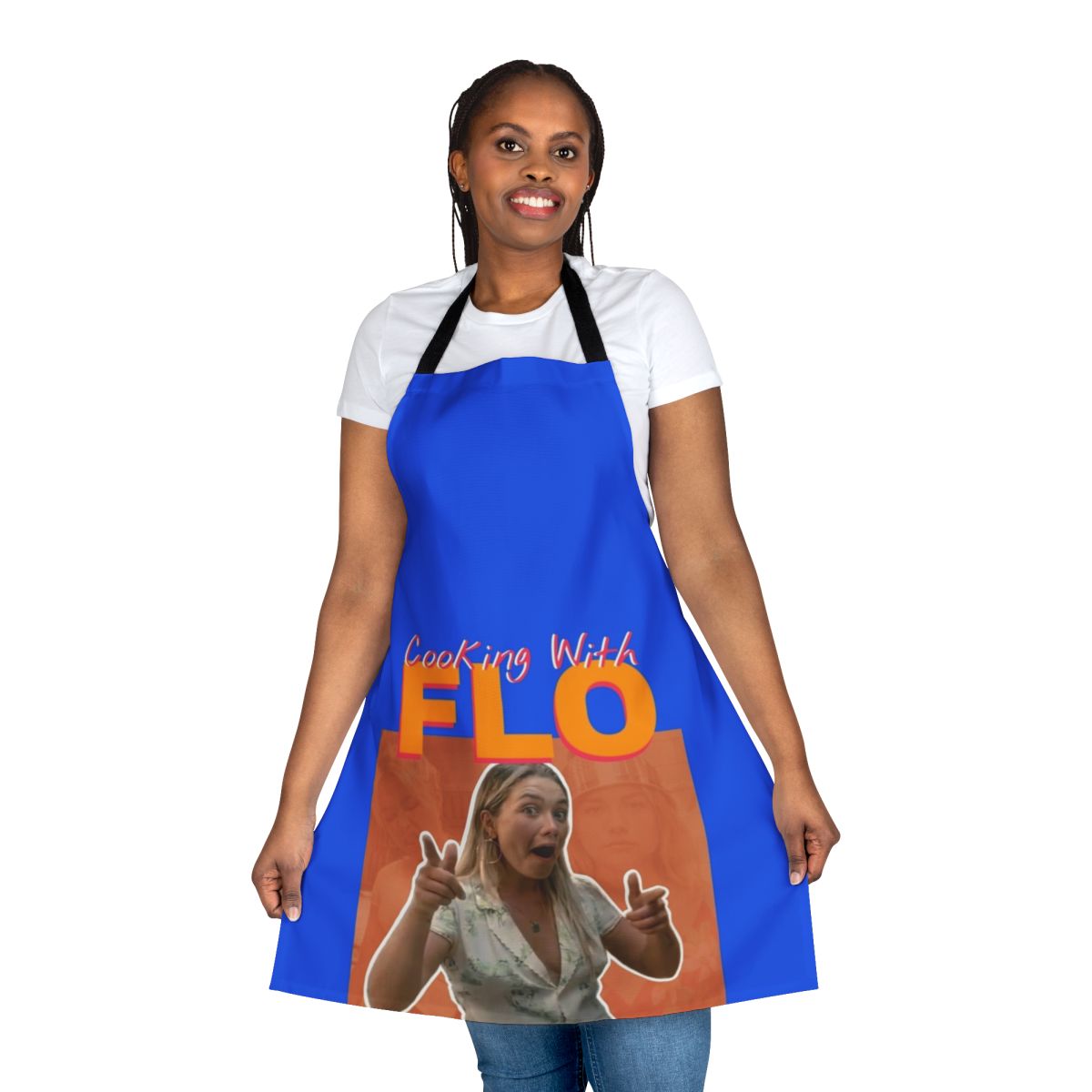 Premium quality cooking apron featuring the Cooking with Flo design