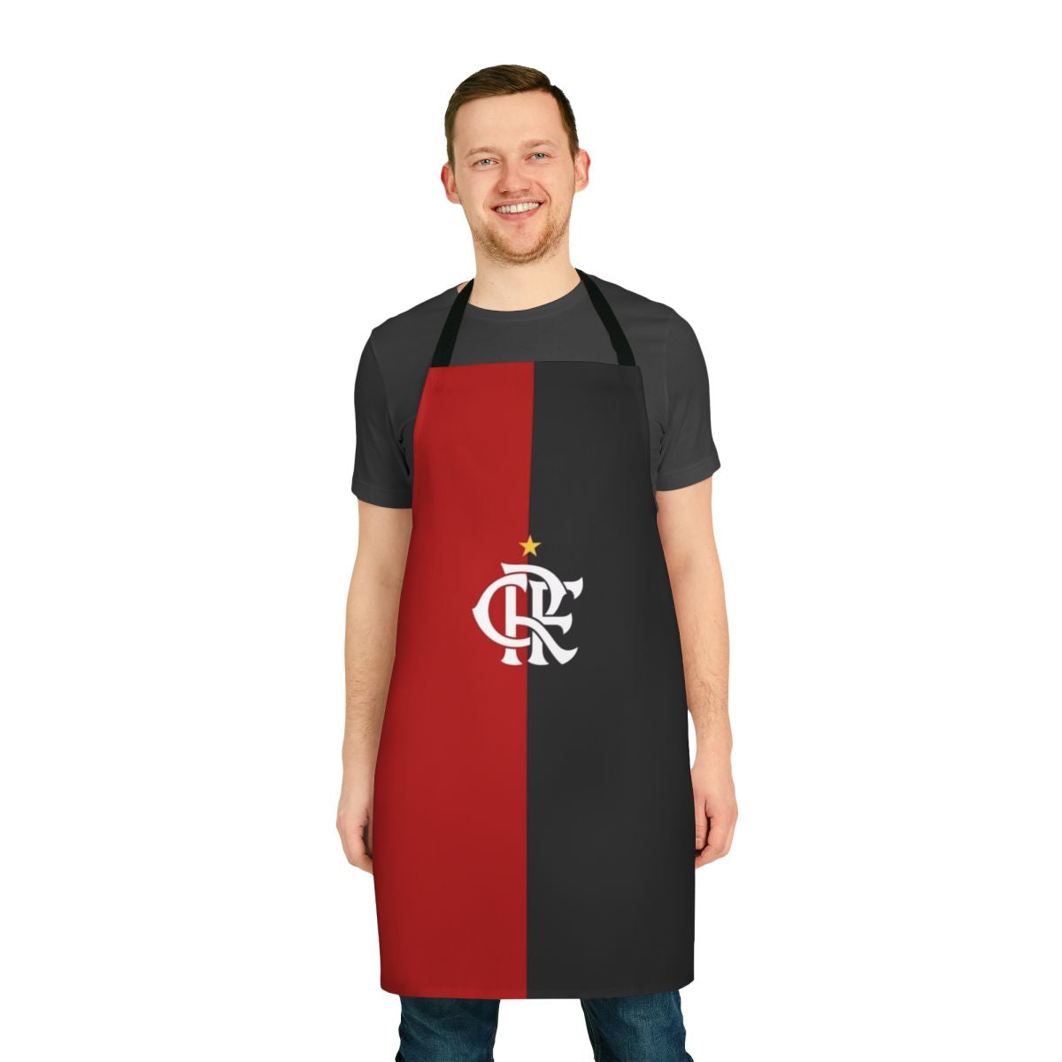 A high-quality red and black cooking apron featuring the Flamengo football club logo and colors.