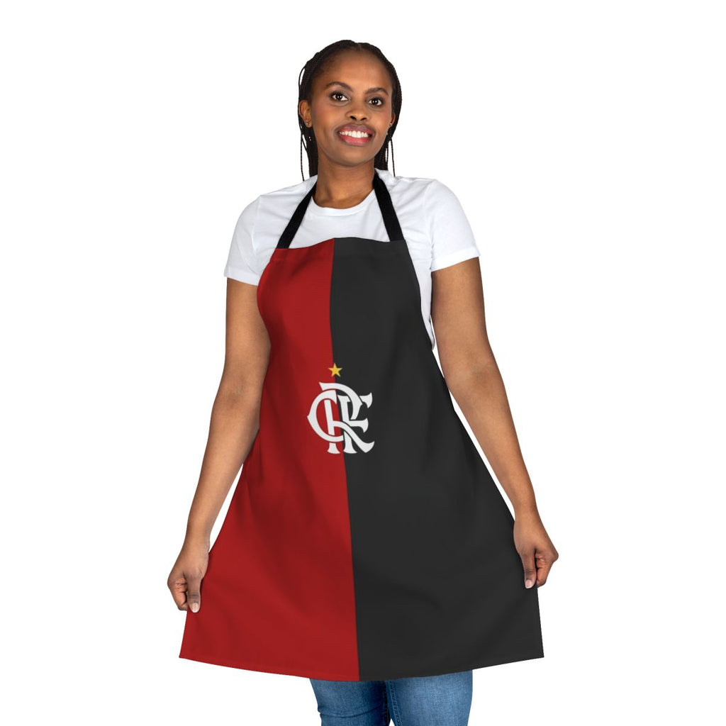A high-quality red and black cooking apron featuring the Flamengo football club logo and colors.