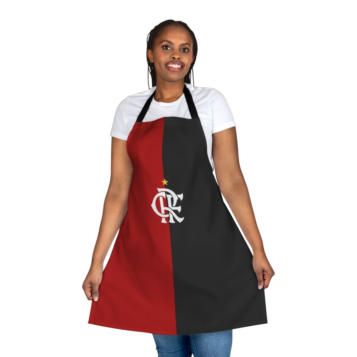 A high-quality red and black cooking apron featuring the Flamengo football club logo and colors.