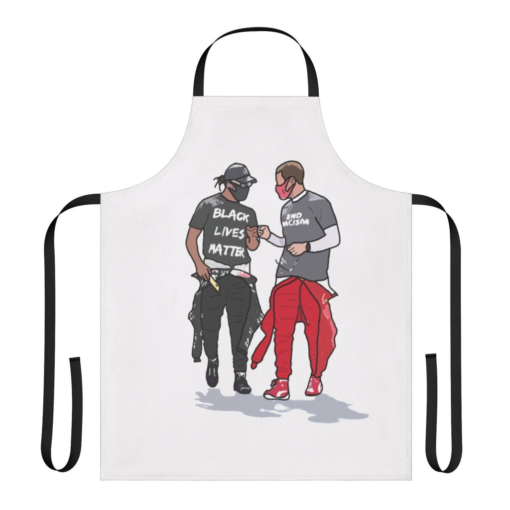 Premium quality apron featuring Sebastian Vettel and Lewis Hamilton, perfect for motorsports enthusiasts.