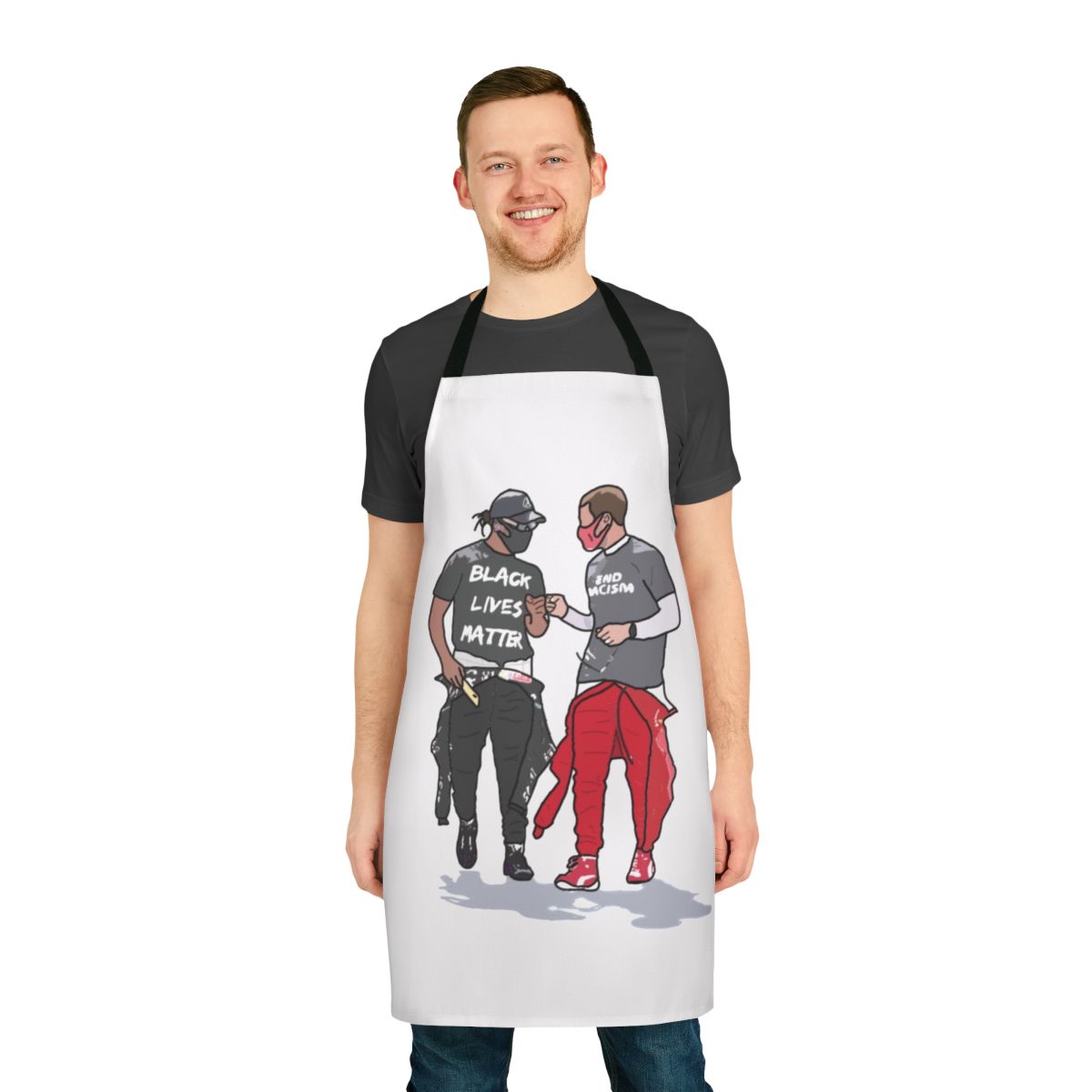 Premium quality apron featuring Sebastian Vettel and Lewis Hamilton, perfect for motorsports enthusiasts.