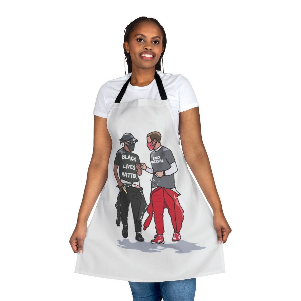 Premium quality apron featuring Sebastian Vettel and Lewis Hamilton, perfect for motorsports enthusiasts.