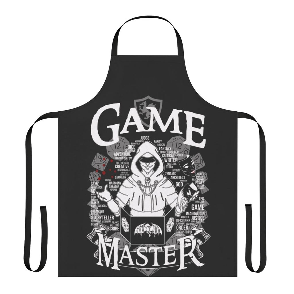 Premium white apron for game masters and tabletop RPG players, featuring a stylish graphic design.