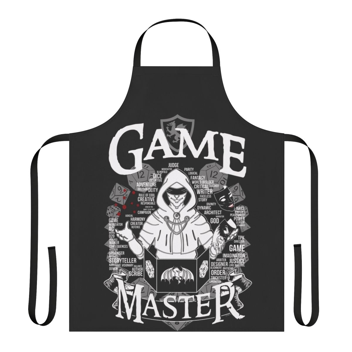 Premium white apron for game masters and tabletop RPG players, featuring a stylish graphic design.