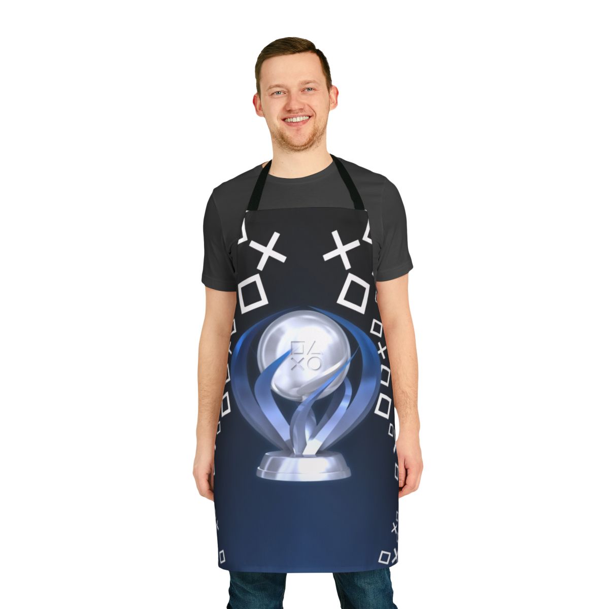 Premium gaming apron featuring a platinum trophy design for dedicated video game players