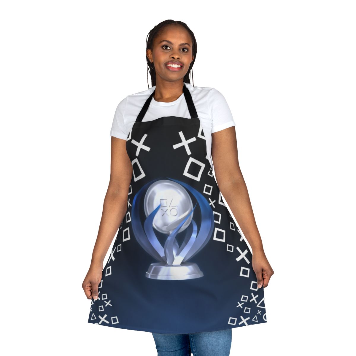 Premium gaming apron featuring a platinum trophy design for dedicated video game players