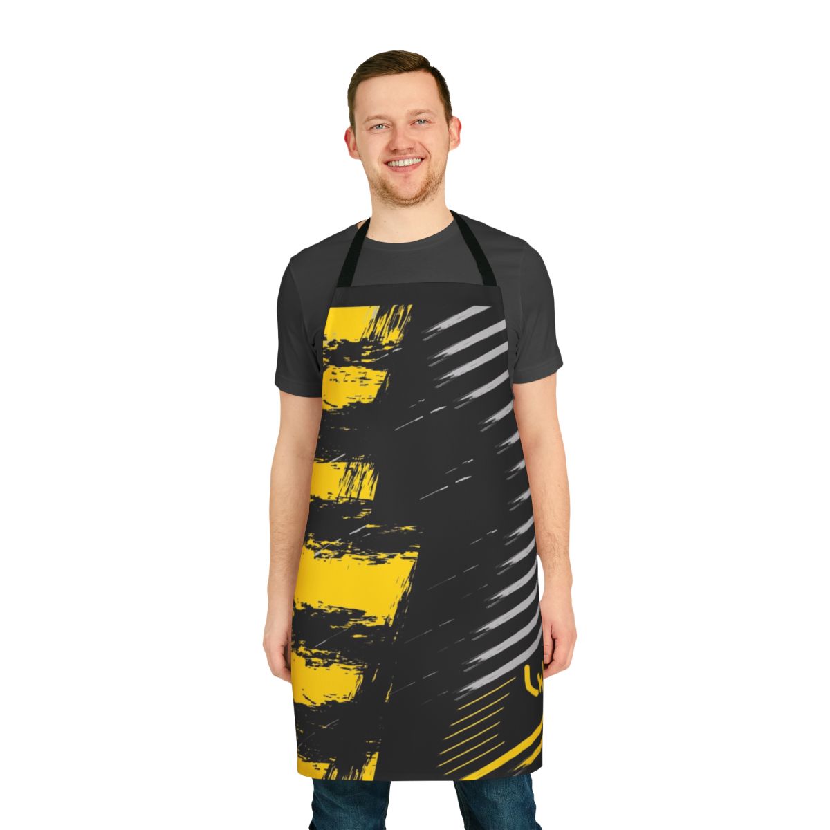 High-quality gold apron with Orky design, perfect for kitchen use