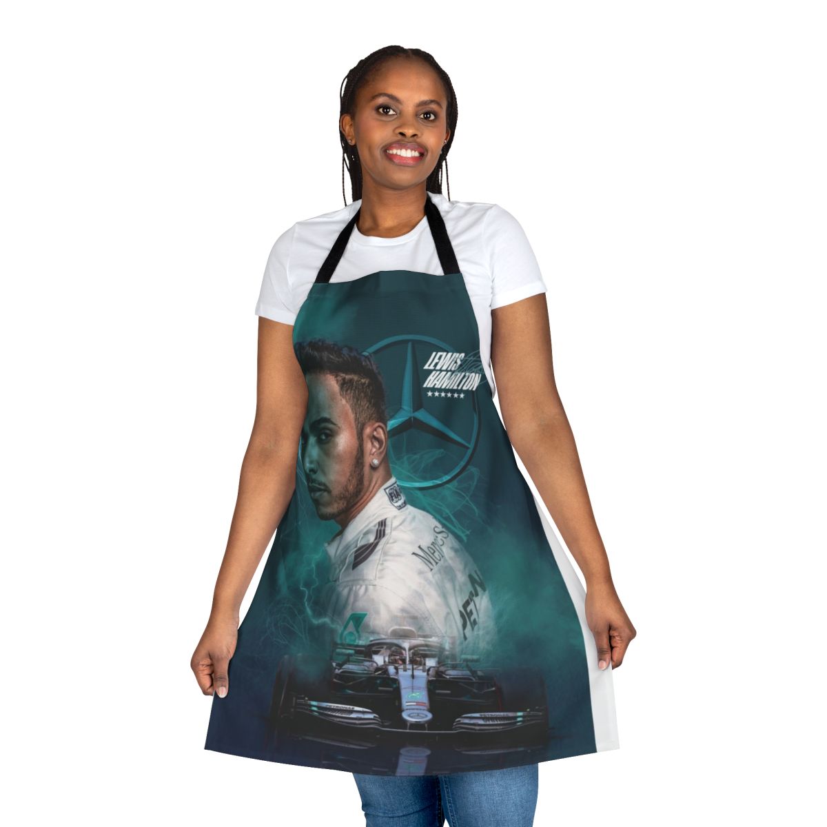 Premium black apron with Mercedes-inspired design for Formula 1 racing fans