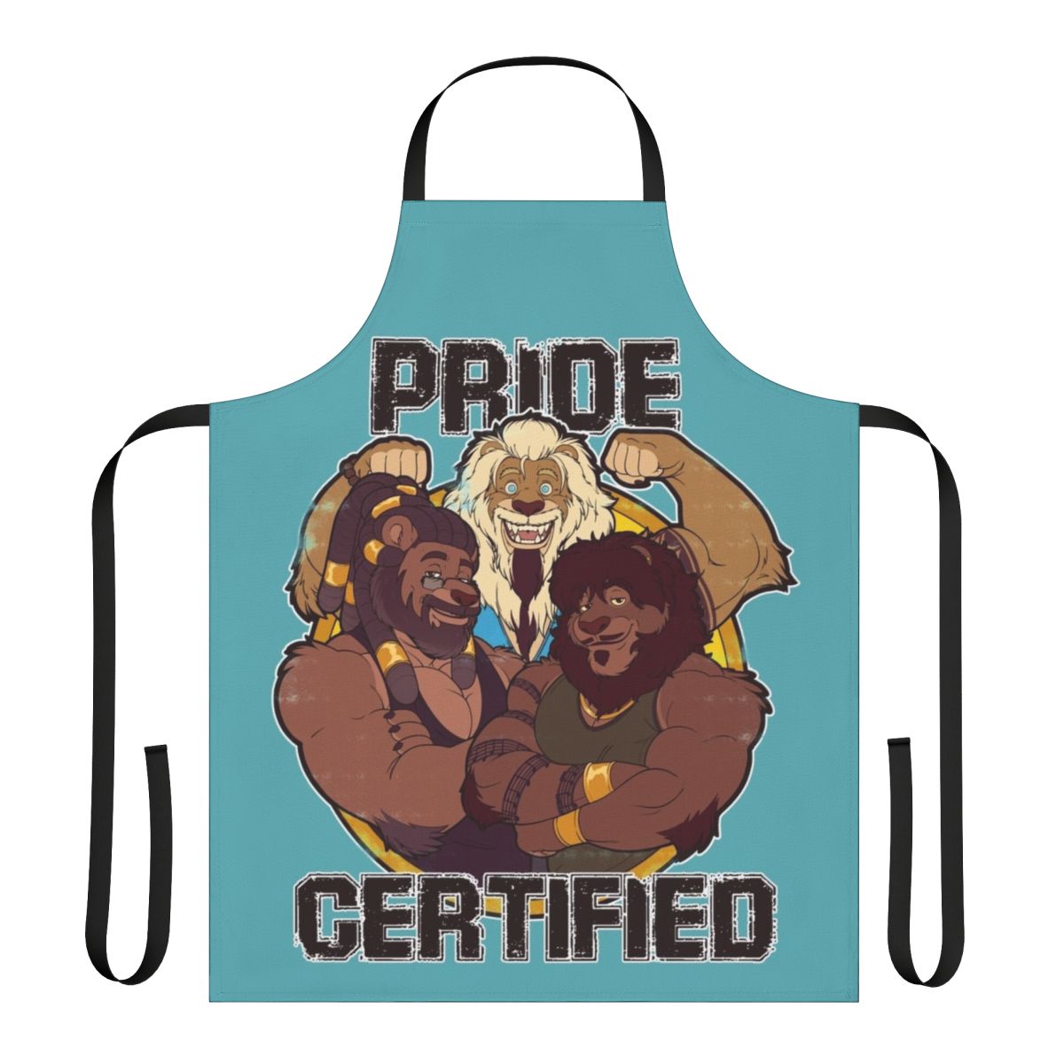 A high-quality apron featuring a stylized pride emblem and lion graphic, perfect for comic and superhero fans.