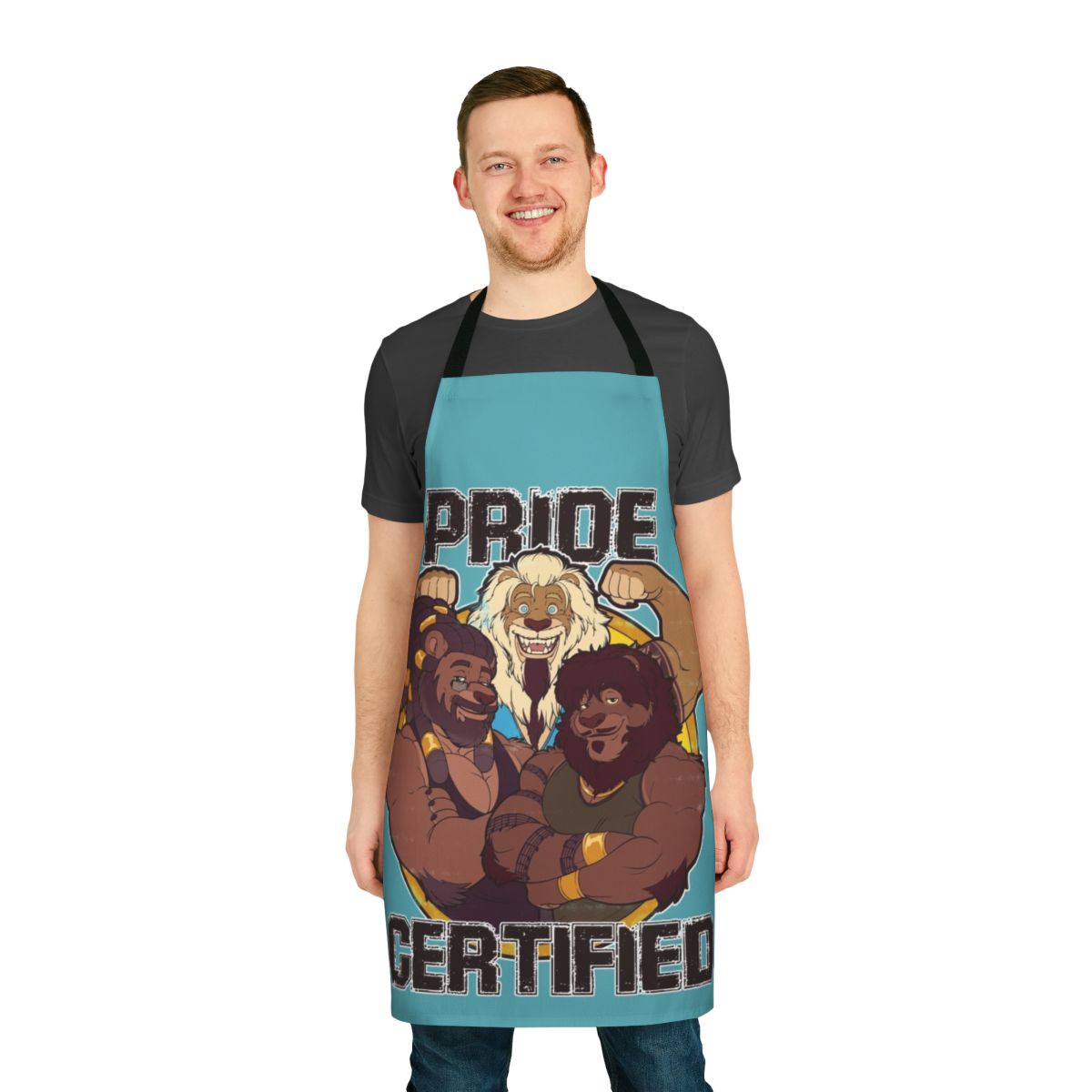 A high-quality apron featuring a stylized pride emblem and lion graphic, perfect for comic and superhero fans.