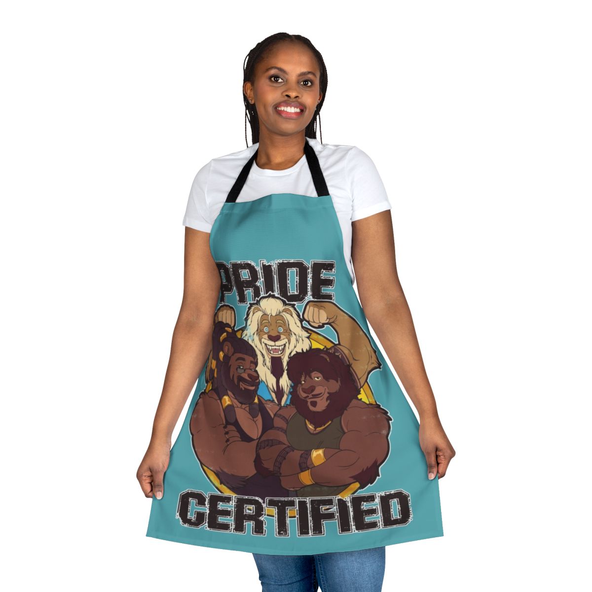 A high-quality apron featuring a stylized pride emblem and lion graphic, perfect for comic and superhero fans.