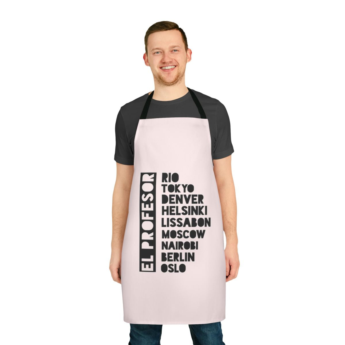 Black text premium apron with Money Heist professor design