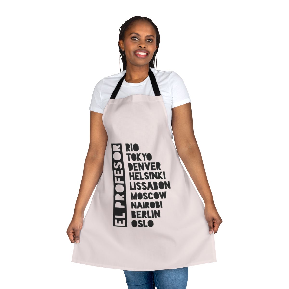 Black text premium apron with Money Heist professor design