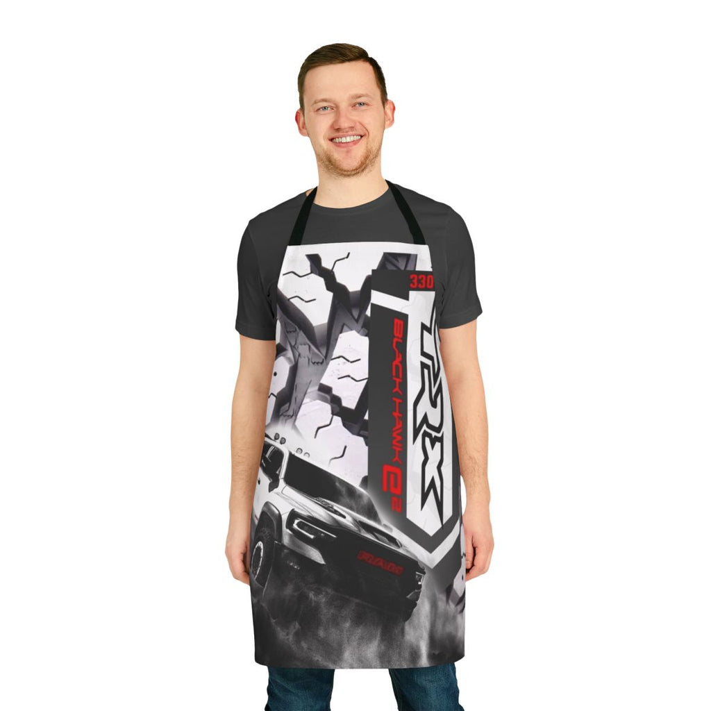 Man wearing a high-quality, durable apron featuring the Ram TRX logo and design