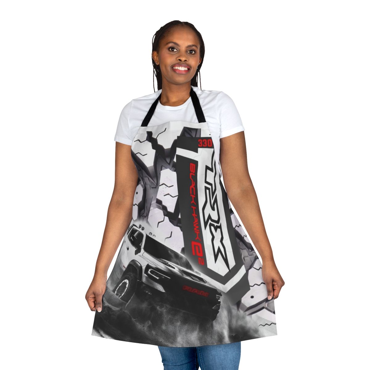 Man wearing a high-quality, durable apron featuring the Ram TRX logo and design