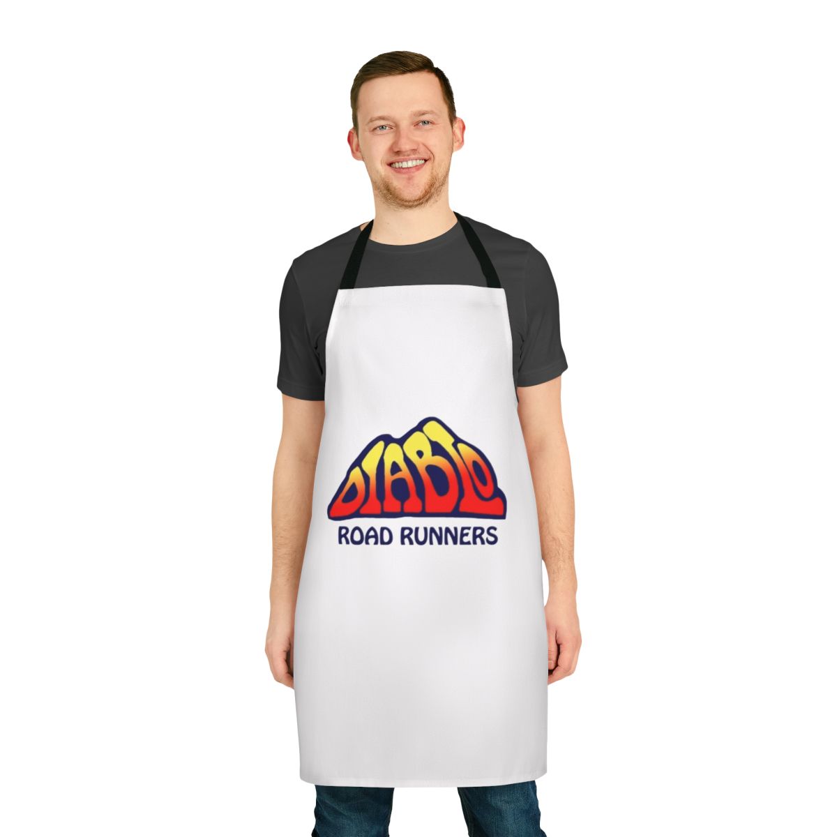 Model wearing a high-quality t-shirt apron with the Diablo Road Runners logo