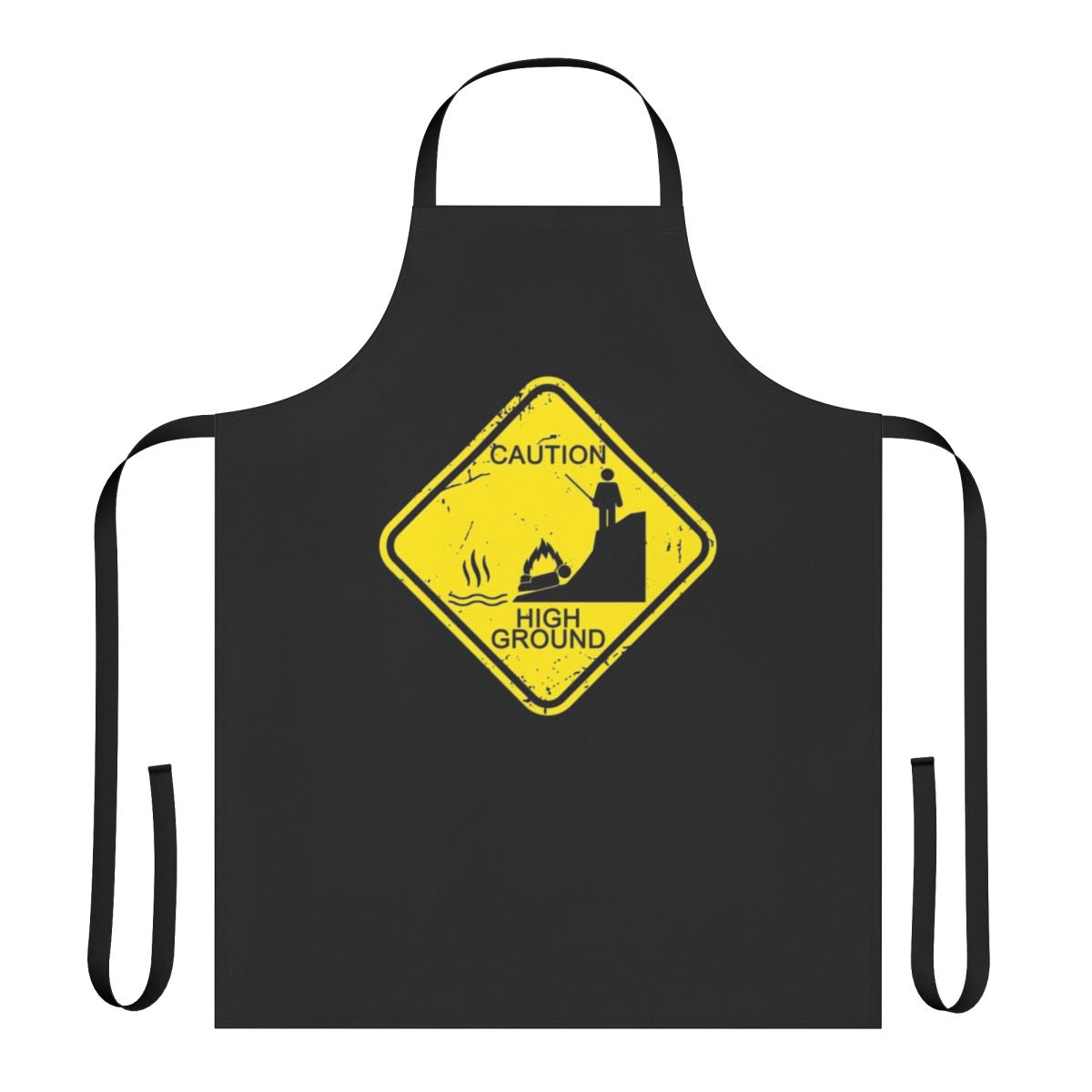 Illustration of a stick figure character on a 'Caution High Ground' apron, a humorous science fiction-themed kitchen accessory.