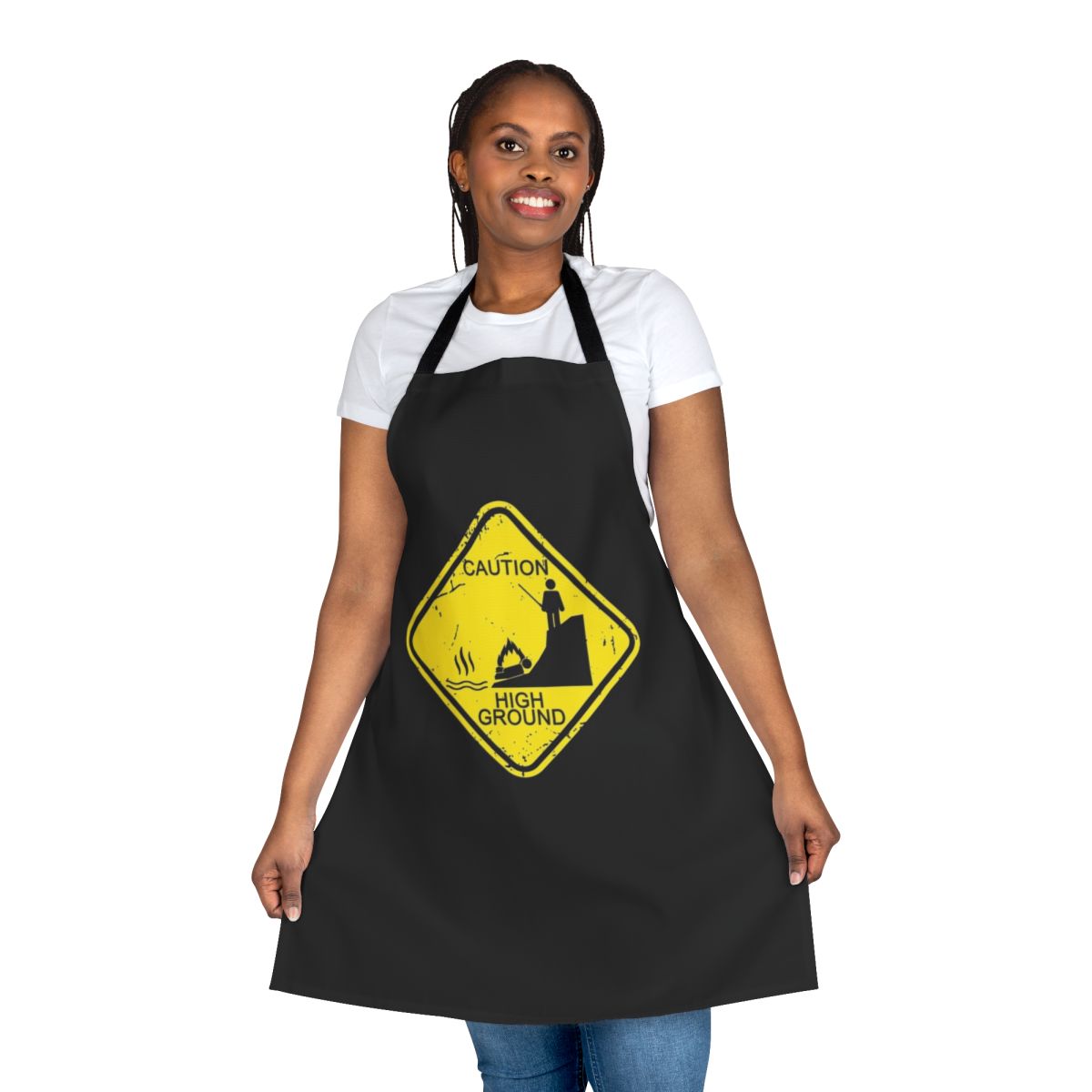 Illustration of a stick figure character on a 'Caution High Ground' apron, a humorous science fiction-themed kitchen accessory.