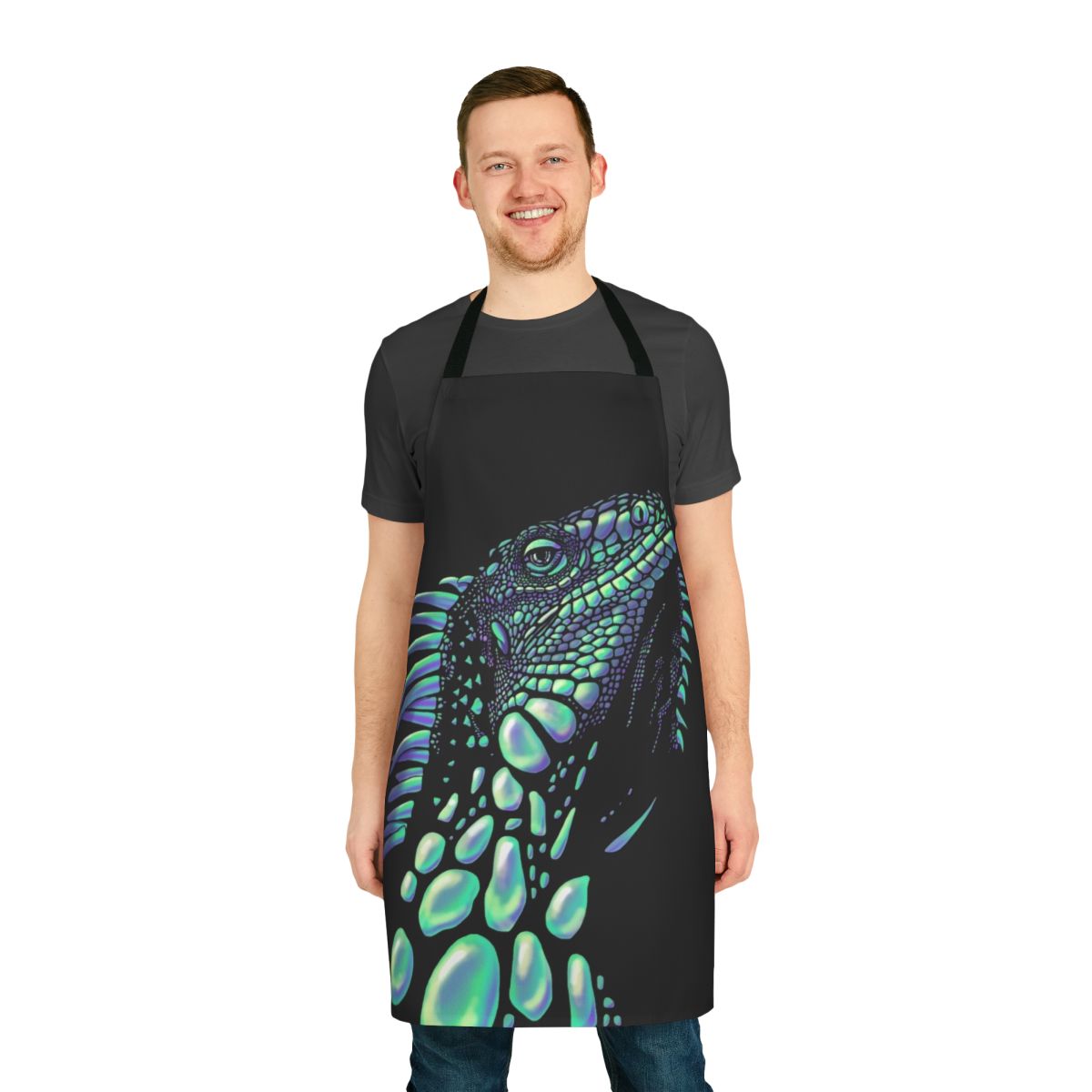 Iguana-themed apron with soap bubble design