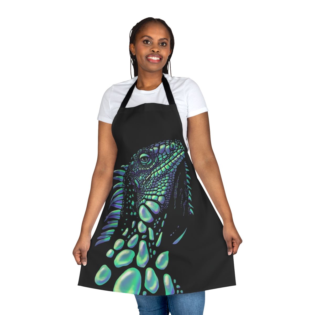Iguana-themed apron with soap bubble design