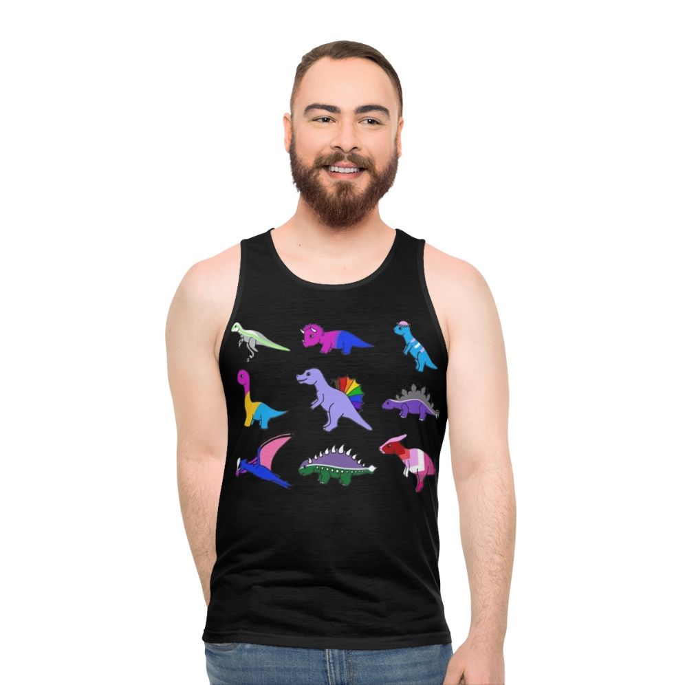 Colorful pride dinosaur print on a unisex tank top