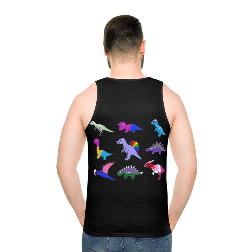 Colorful pride dinosaur print on a unisex tank top