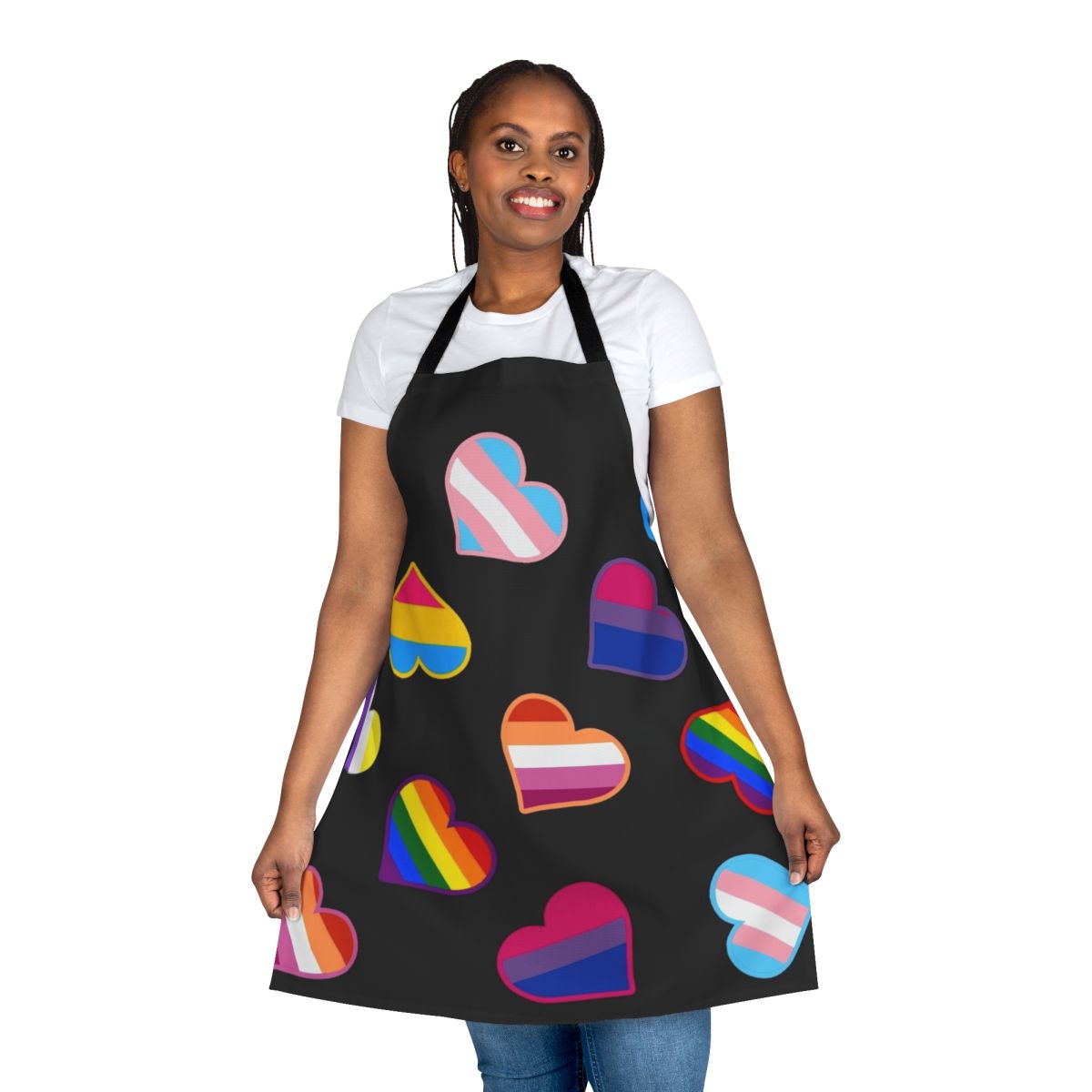 Colorful pride-themed apron with heart-shaped pride flags design