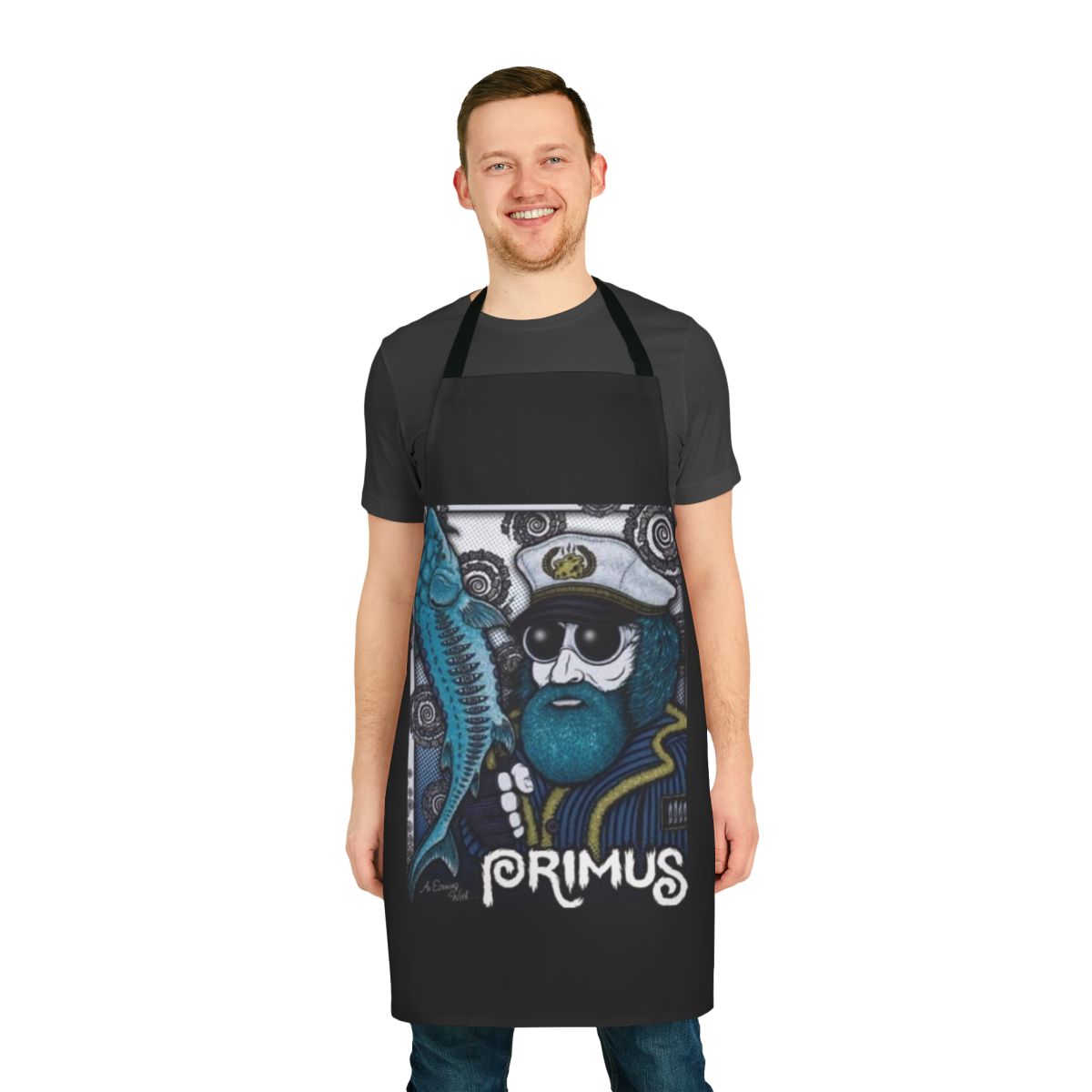 Primus-inspired John the Fisherman apron with band logo and lyrics